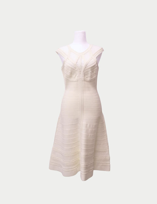 Hervé Léger white sleeveless bandage dress with flared hem and structured bodice detailing