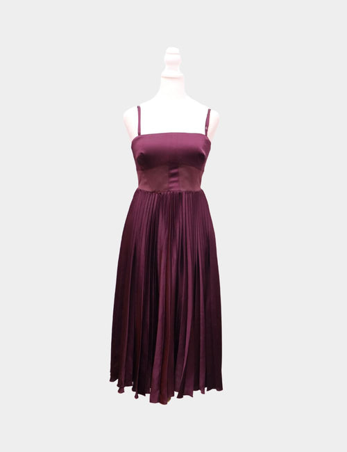 Karen Millen burgundy pleated satin midi dress with spaghetti straps and structured bodice