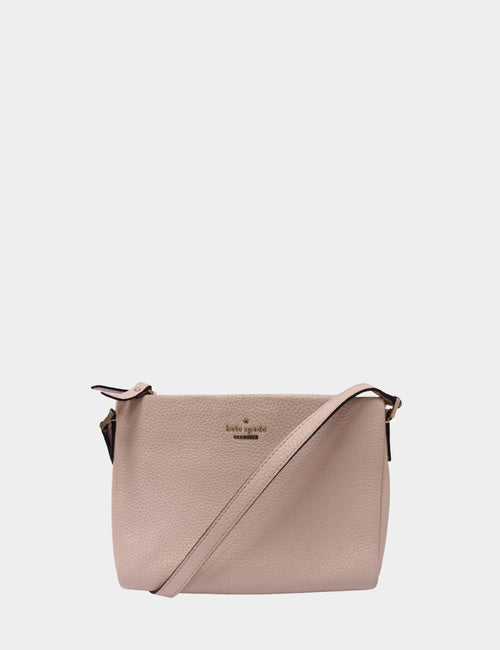 Kate Spade beige pebbled leather crossbody bag with adjustable strap and gold logo