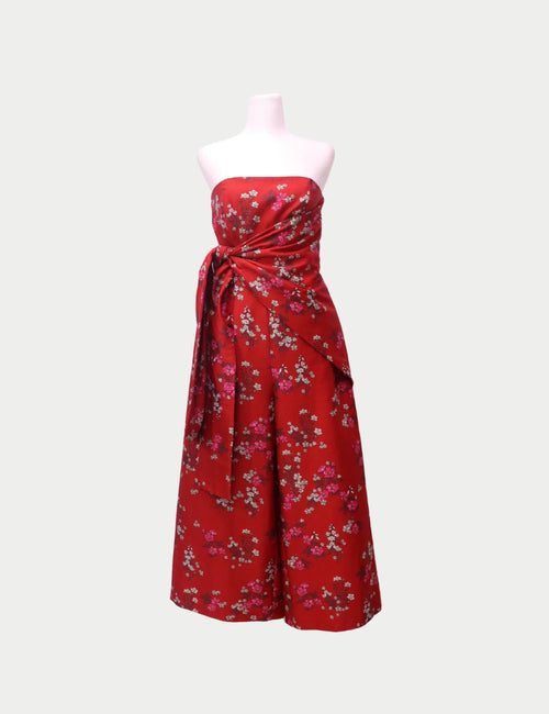 Keepsake strapless red wide-leg jumpsuit with cherry blossom floral print and side tie waist detail