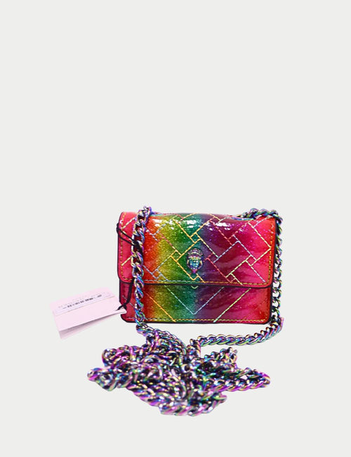 Kurt Geiger rainbow glitter crossbody bag with quilted finish, eagle emblem, and iridescent chain strap