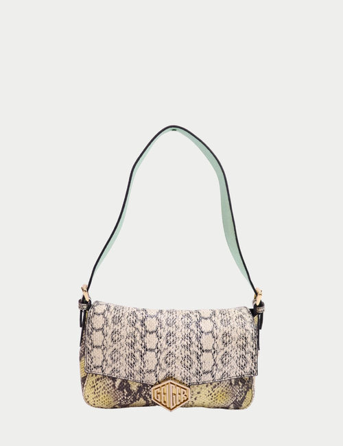 Kurt Geiger snakeskin shoulder bag with mixed animal print, mint strap, and gold logo