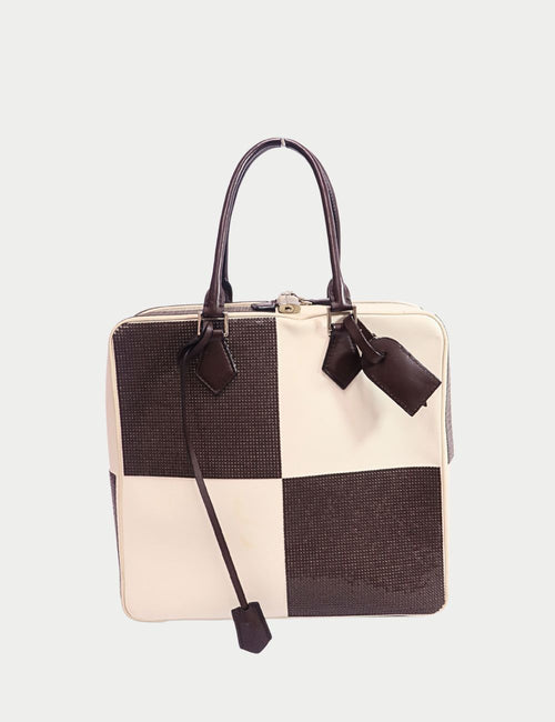 Louis Vuitton brown and cream checkerboard top handle bag with leather trim and zip closure
