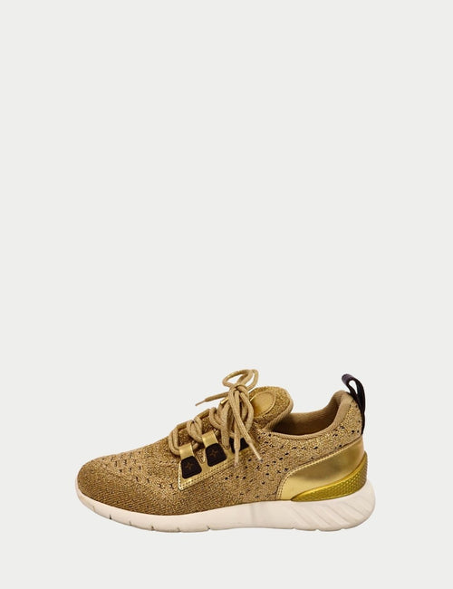 Louis Vuitton gold knit sneakers with glitter finish and white rubber sole
