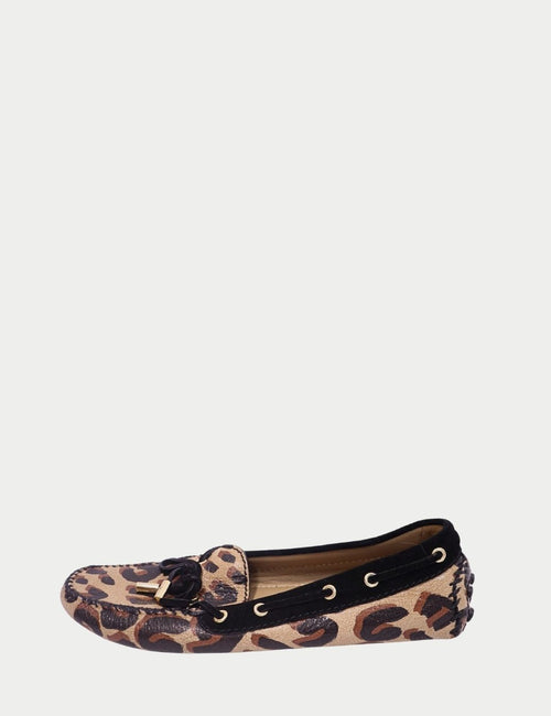 Louis Vuitton leopard print loafers with gold-tone details and patent finish
