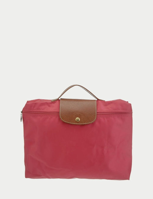 Longchamp Le Pliage Fuchsia Nylon Tote Bag with Brown Leather Flap and Gold Button