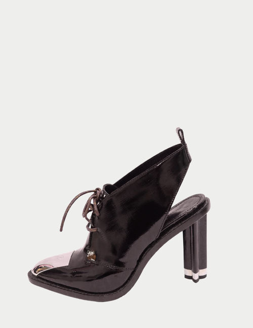 Louis Vuitton Cosplay Heels in Black Patent Leather with Metal Open Toe and Block Heel