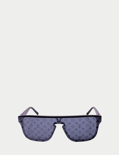 Louis Vuitton black shield sunglasses with monogram-etched lens and logo temple