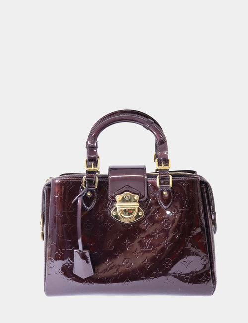 Louis Vuitton burgundy Vernis patent leather handbag with gold hardware and embossed monogram