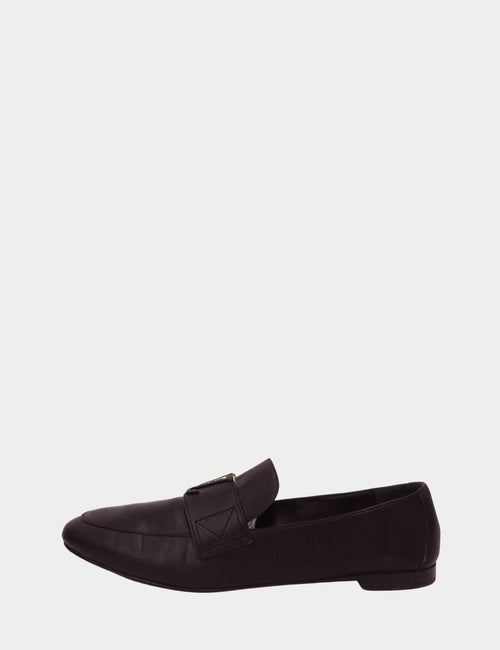 Louis Vuitton black leather logo loafer with gold buckle