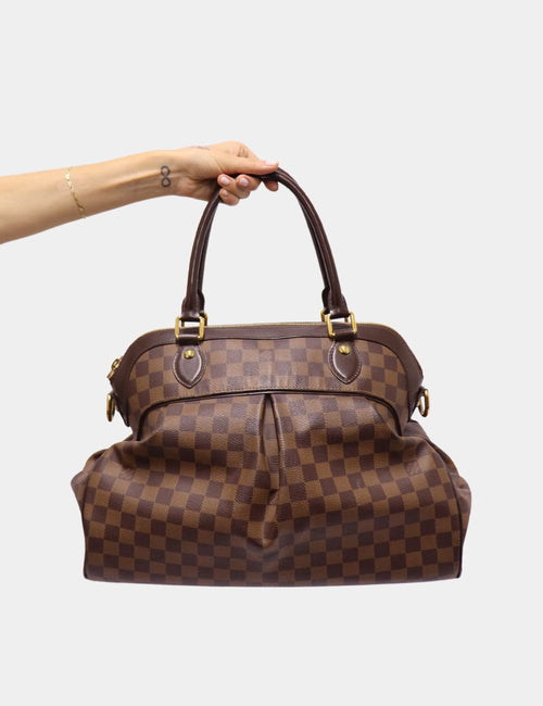 Louis Vuitton Damier Ebene Trevi PM bag with pleated design, dual leather handles, and gold-tone hardware.