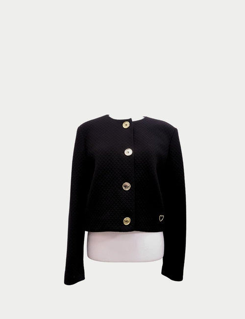 Love Moschino black quilted jacket with gold heart buttons and round neckline