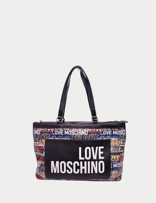 Love Moschino black tote bag with oversized white logo and multicolor graphic print