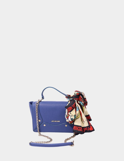 Pre-owned Love Moschino navy crossbody bag with top handle, silver chain strap, and printed logo scarf