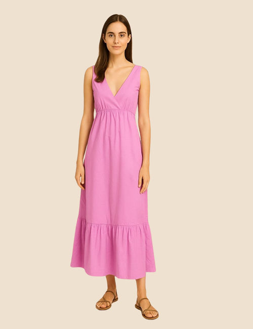 Preowned Liu Jo pink cotton maxi dress with V-neckline, flounced hem, and open back bow detail – Fashion House Jordan