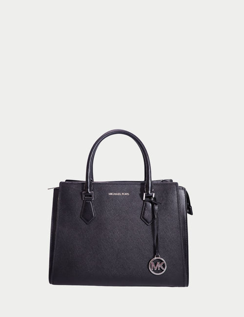 Michael Kors black saffiano leather handbag with MK charm and top handles