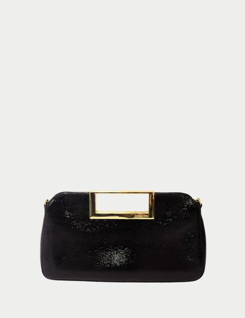 Michael Kors black patent leather clutch with rectangular gold-tone handle and zip closure