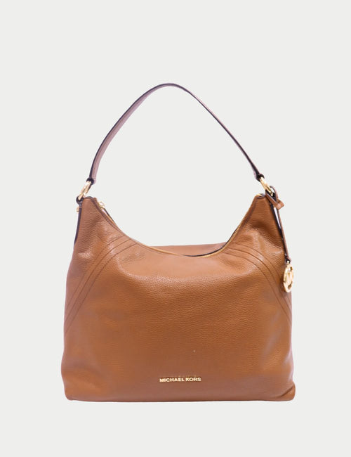 Michael Kors camel pebbled leather hobo bag with gold logo and shoulder strap