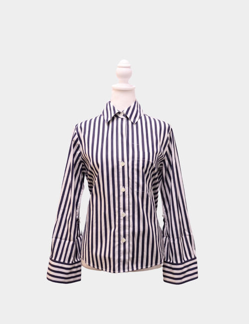 Madewell navy and white vertical striped button-down shirt with wide cuffs