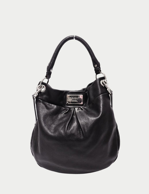 Marc by Marc Jacobs black leather hobo bag with silver logo plaque and soft pebbled texture