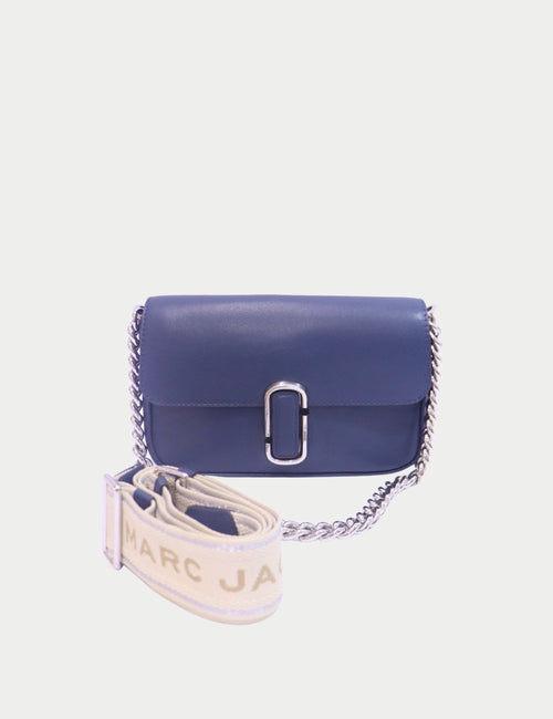 Marc Jacobs navy leather crossbody bag with silver chain strap and detachable canvas logo strap