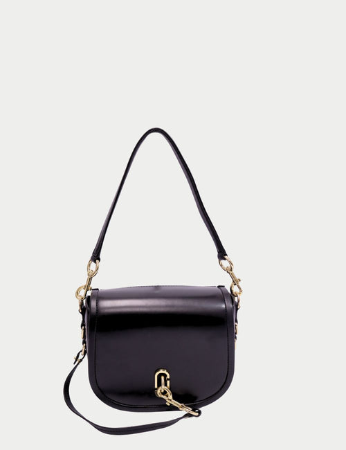 Marc Jacobs black patent leather saddle bag with gold hardware and chain detail