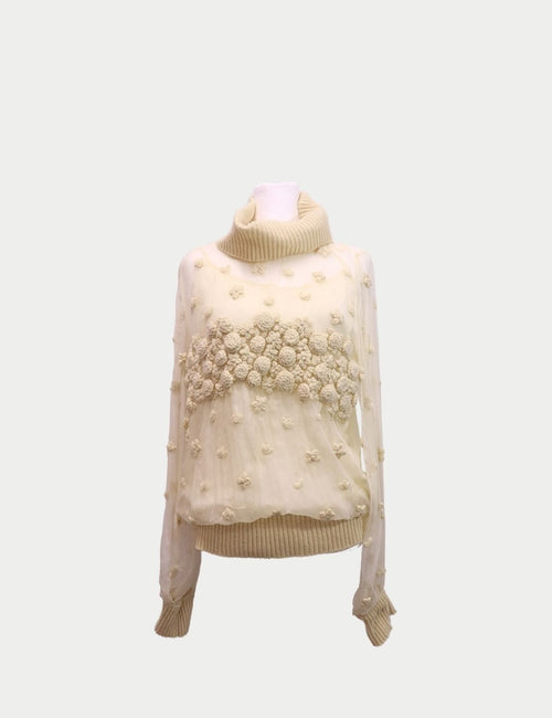 Max Mara cream chiffon top with 3D floral embroidery and ribbed knit collar