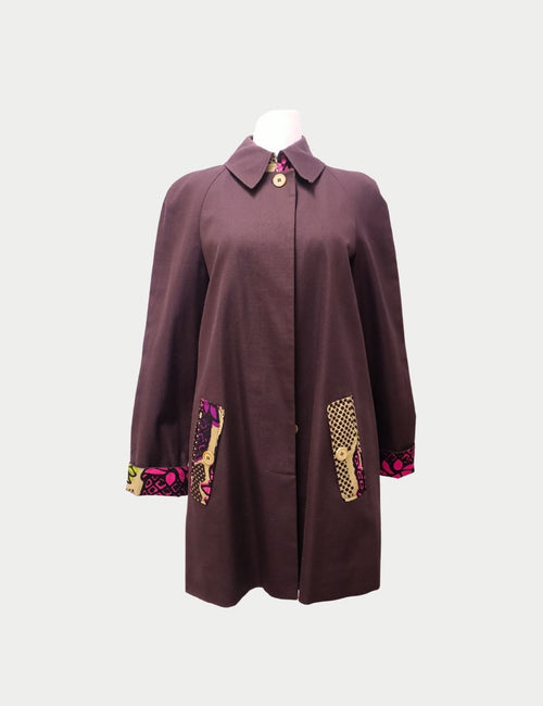Moschino Brown Coat with Patterned Pocket and Cuff Detail