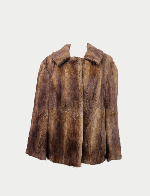 Vintage brown fur jacket with classic collar and mid-length silhouette