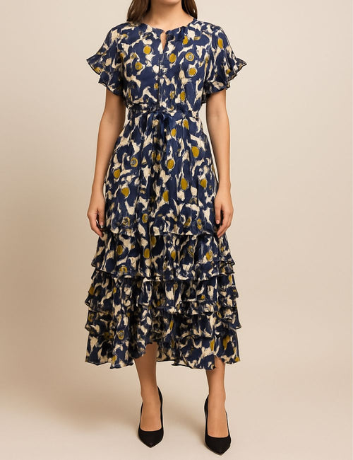 Preowned Parosh navy blue printed midi dress with tiered ruffles and short flutter sleeves – Fashion House Jordan