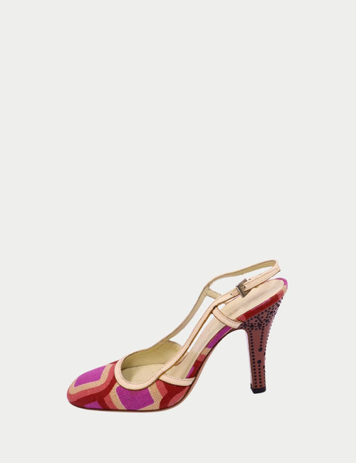 Prada colorful slingback high heel with pink, red, and purple geometric pattern, nude leather trim, T-strap design, and studded heel detail