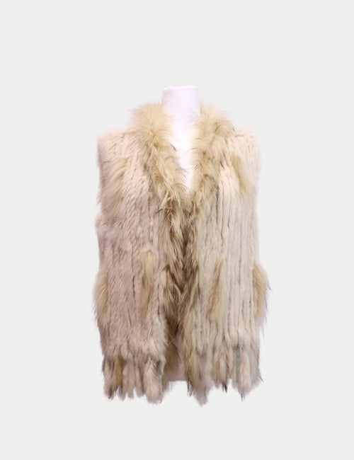 Ivory fur vest with fringe detailing and open front
