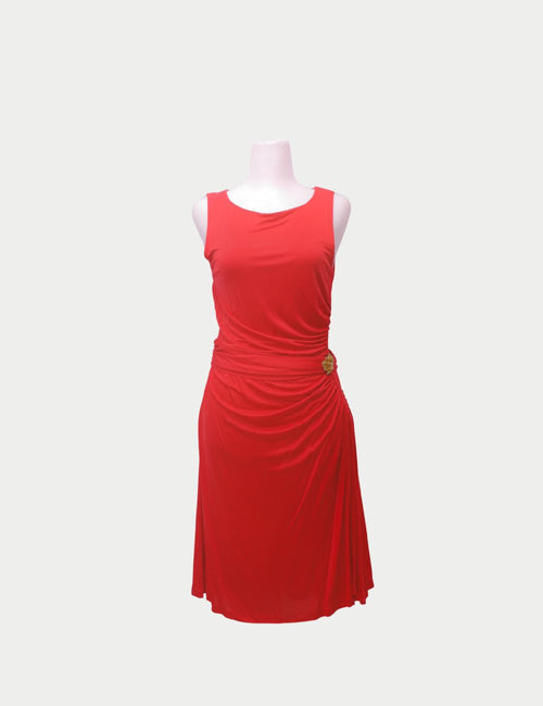 Roberto Cavalli sleeveless red knee-length dress with side ruching and gold-tone logo embellishment at the waist