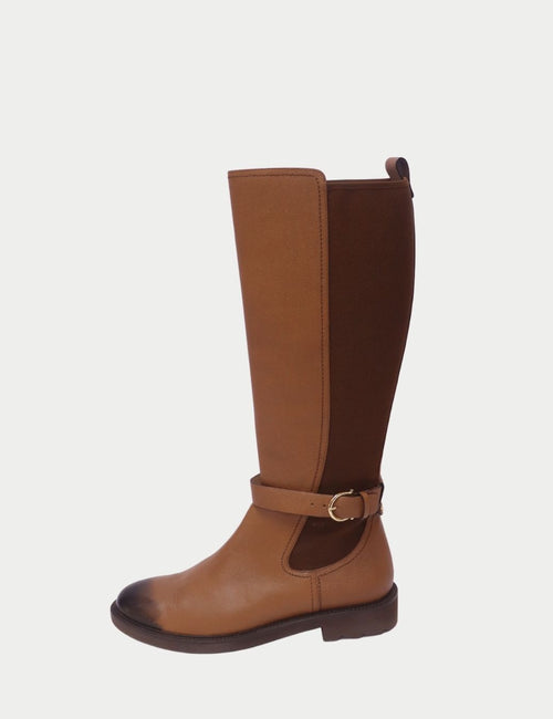 Salvatore Ferragamo Camel Leather Riding Boots with Gold Buckle Strap and Stretch Back Panel