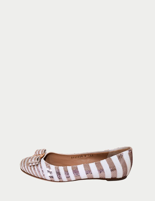 Salvatore Ferragamo rose gold and ivory striped ballet flats with Vara bow and gold logo plaque