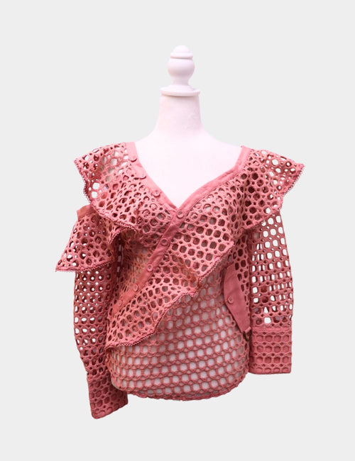Self-Portrait Dusty Rose Guipure Lace Top with Asymmetric Ruffle and Long Sleeves