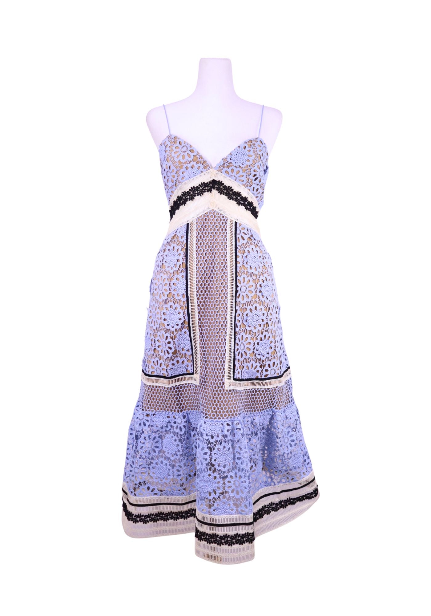 Self-Portrait Blue Lace Midi Dress with Contrast Trim