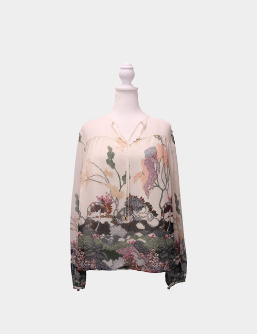 Ted Baker Sheer Blouse with Botanical Landscape Print, V-Neckline, and Long Sleeves
