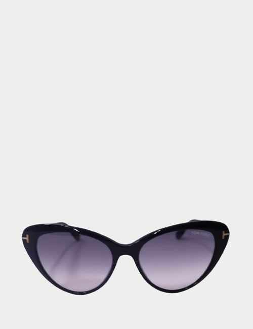 Tom Ford black cat-eye sunglasses with gold T accents and gradient lenses