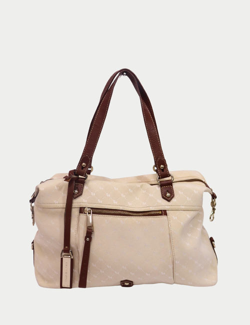 Tommy Hilfiger beige monogram canvas handbag with brown leather straps and gold hardware