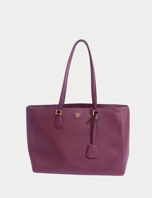 Tory Burch burgundy saffiano leather tote bag with gold logo and dual top handles
