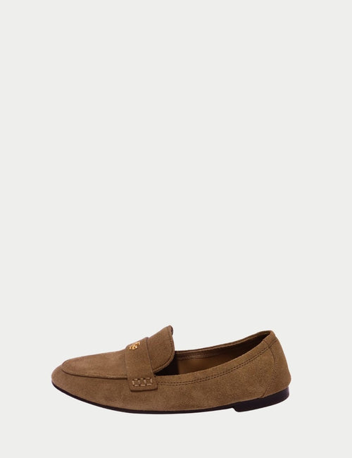 Tory Burch tan suede loafers with gold logo emblem and almond toe