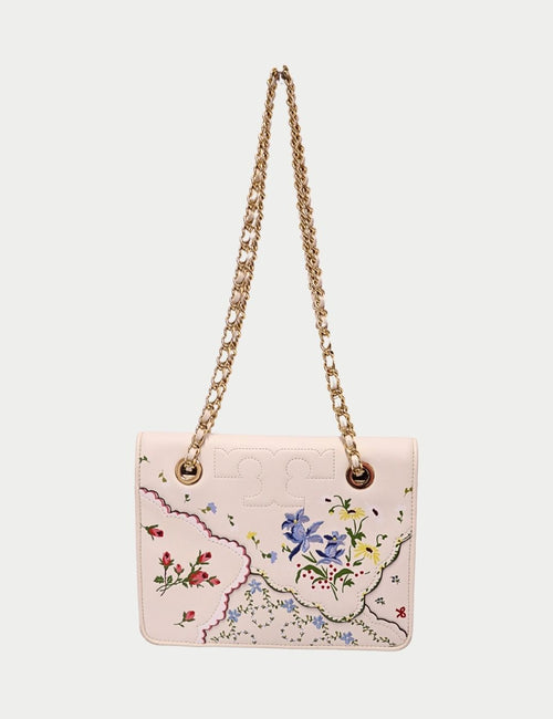 Tory Burch Cream Leather Shoulder Bag with Floral Embroidery and Gold Chain Strap