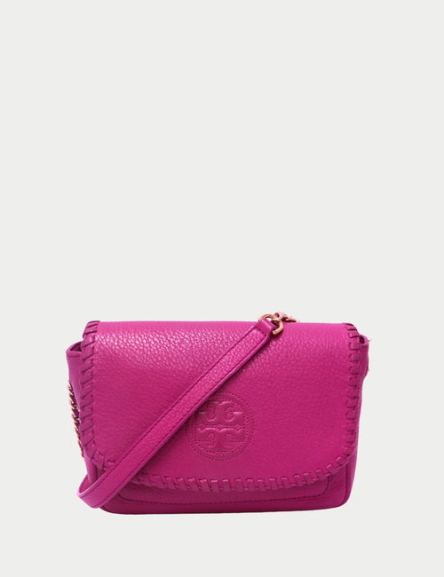Tory Burch pink pebbled leather crossbody bag with whipstitch trim and embossed logo on flap