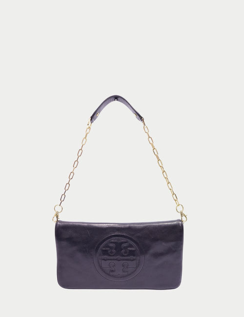Tory Burch Reva black leather clutch with gold chain strap and embossed logo