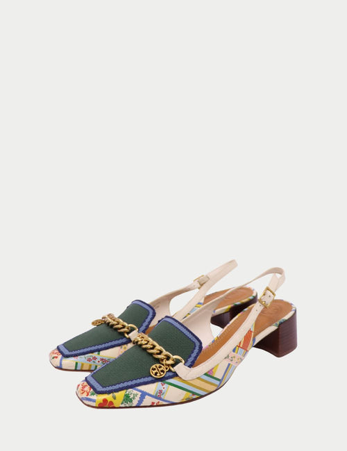 Tory Burch multicolor printed slingback loafers with green canvas upper and gold chain detail