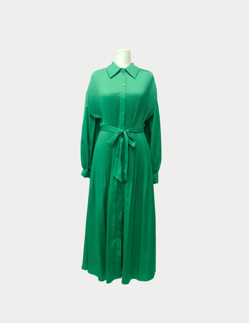 Twinset Milano green pleated long-sleeve shirt dress with button front, waist tie belt, and collared neckline