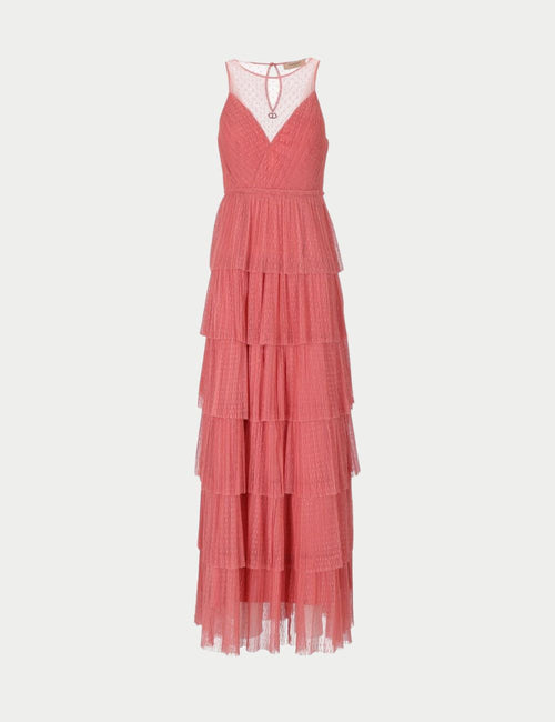 Twinset pink tiered tulle maxi dress with V-neckline and glitter Lurex finish