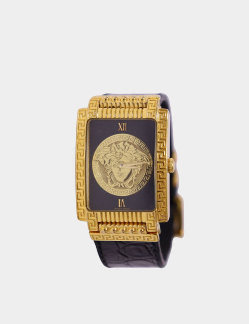 Versace black and gold Medusa dial watch with Greek key bezel and black leather strap