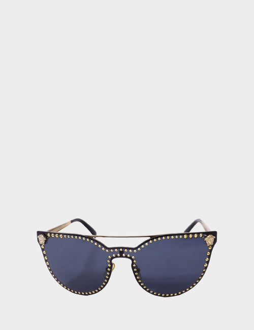 Black and gold Versace studded cat-eye sunglasses with Medusa emblem on corners